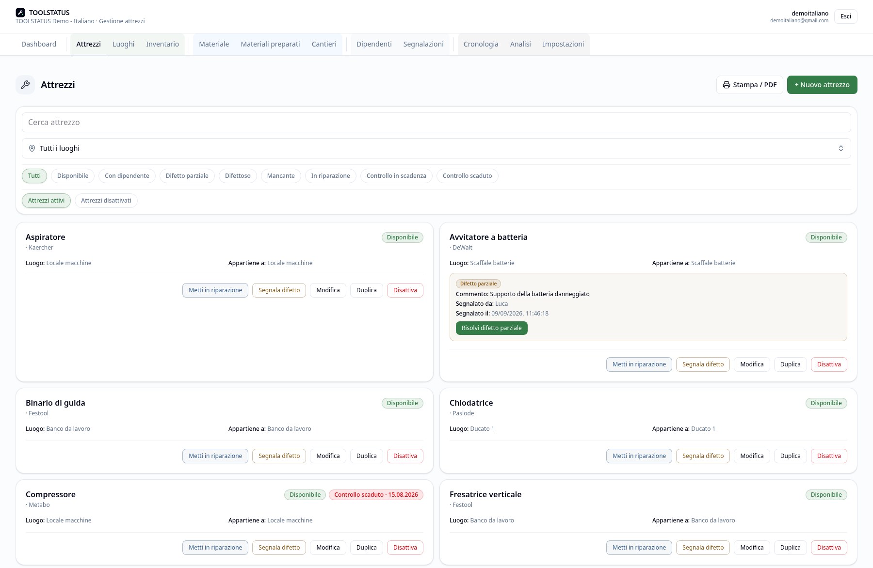 Panoramica degli attrezzi in TOOLSTATUS con ricerca e filtri