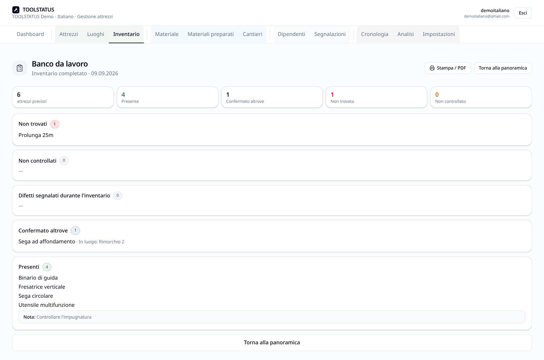 Inventario degli attrezzi basato sul luogo assegnato in TOOLSTATUS