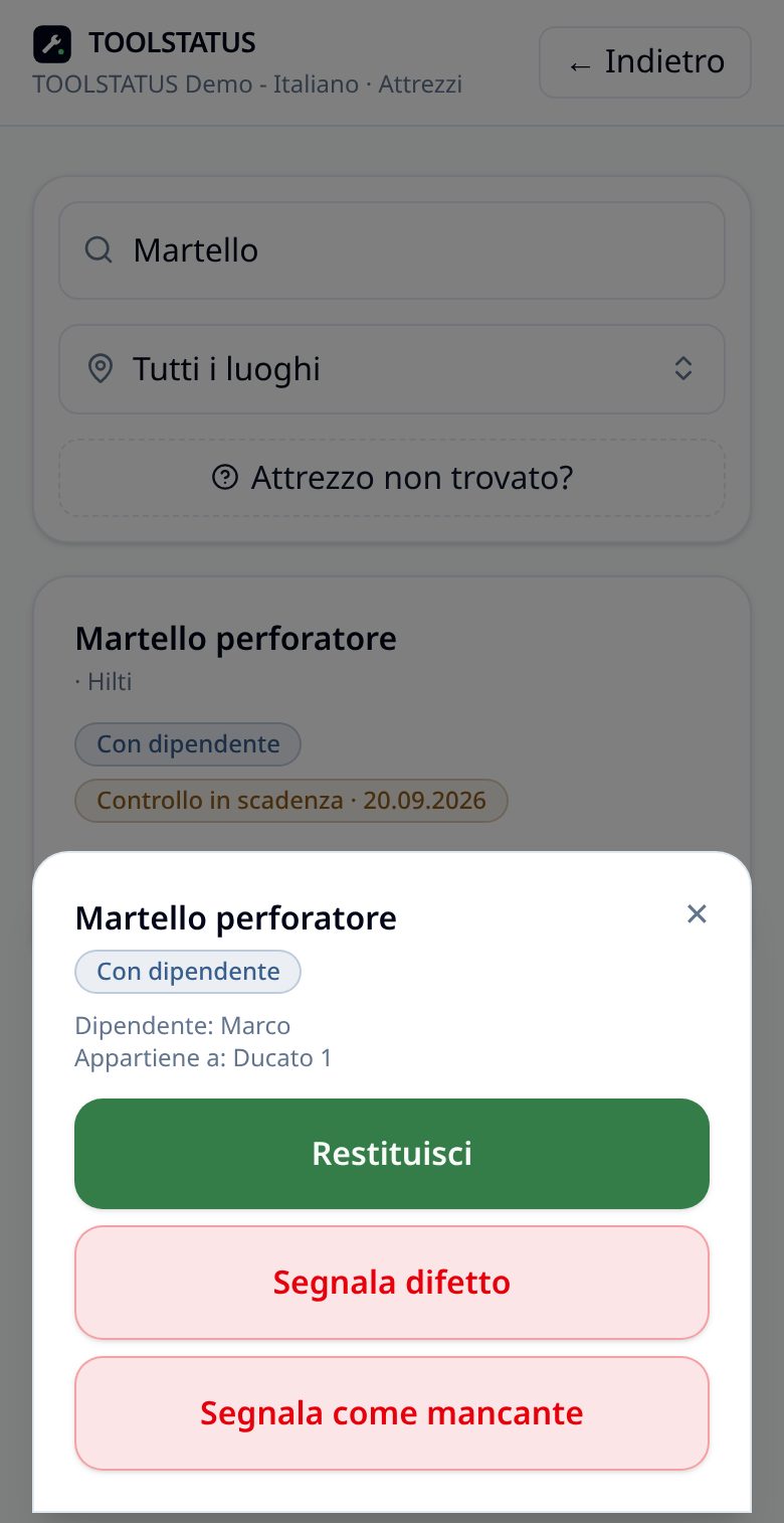 Attrezzo aperto nell'interfaccia Worker di TOOLSTATUS