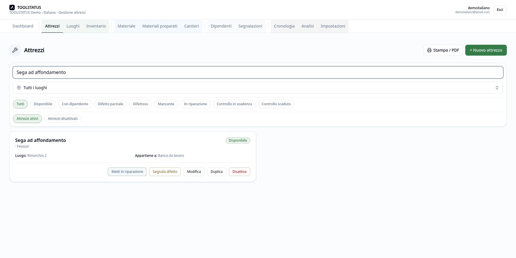 Sega ad affondamento con luogo assegnato e luogo attuale in TOOLSTATUS
